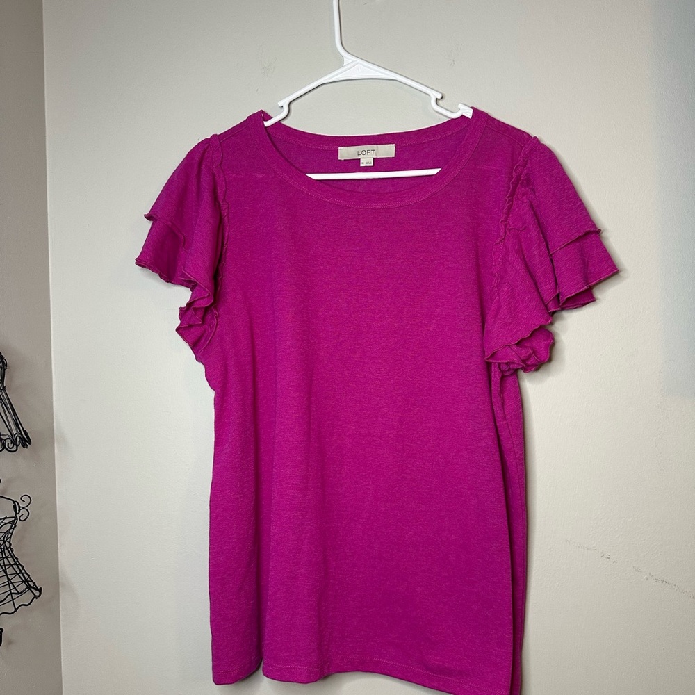 LOFT Fuchsia Ruffle Sleeve Top Womens Size XL PREPPY Contemporary